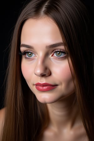  woman 25 years old, long straight hair, thick hair, detailed face, long eyelashes, detailed eyes, red cheeks, glossy skin, elegant woman, healthy skin tone, pretty and beauty woman face marks, pale snow white skin tone, blue green eyes, little light makeup, hair covering one eye, 
looking aside, 
dark background, 
detailed, quality, professional camera photo, spotlight, photo session, dramatic lighting on face, 
face close-up, 