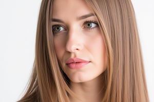  woman 25 years old, long straight hair, thick hair, detailed face, long eyelashes, detailed eyes, red cheeks, glossy skin, elegant woman, healthy skin tone, pretty and beauty woman face marks, pale snow white skin tone, blue green eyes, little light makeup, hair covering one eye, 
looking aside, 
white background, 
detailed, quality, professional camera photo, spotlight, photo session, dramatic lighting on face, 
face close-up, 