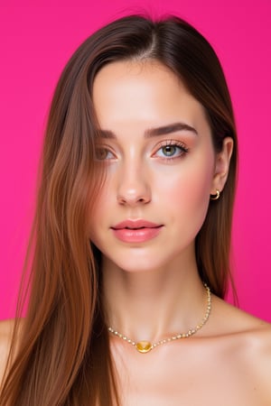  woman 25 years old, long straight hair, thick hair, detailed face, long eyelashes, detailed eyes, red cheeks, glossy skin, elegant woman, healthy skin tone, pretty and beauty woman face marks, pale snow white skin tone, blue green eyes, little light makeup, hair covering one eye, 
looking aside, 
(wearing golden accessories:1.3), 
hot saturated pink background, white lighting on face, 
detailed, quality, professional camera photo, spotlight, photo session, dramatic lighting on face, 
face close-up, 