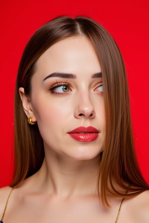  woman 25 years old, long straight hair, thick hair, detailed face, long eyelashes, detailed eyes, red cheeks, glossy skin, elegant woman, healthy skin tone, pretty and beauty woman face marks, pale snow white skin tone, blue green eyes, little light makeup, hair covering one eye, 
looking aside, 
(wearing golden accessories:1.3), 
bright red background, white lighting on face, 
detailed, quality, professional camera photo, spotlight, photo session, dramatic lighting on face, 
face close-up, 