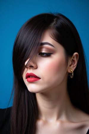  woman 25 years old, long straight hair, thick hair, detailed face, long eyelashes, detailed eyes, red cheeks, glossy skin, elegant woman, healthy skin tone, pretty and beauty woman face marks, pale snow white skin tone, blue green eyes, little light makeup, hair covering one eye, black hair, 
looking aside, 
(wearing golden accessories:1.3), 
hot saturated blue background, white lighting on face, 
detailed, quality, professional camera photo, spotlight, photo session, dramatic lighting on face, 
face close-up, 