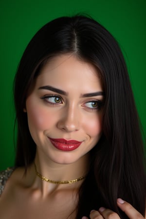  woman 25 years old, long straight hair, thick hair, detailed face, long eyelashes, detailed eyes, red cheeks, glossy skin, elegant woman, healthy skin tone, pretty and beauty woman face marks, pale snow white skin tone, blue green eyes, little light makeup, hair covering one eye, black hair, 
looking aside, 
(wearing golden accessories:1.3), 
hot saturated green background, white lighting on face, 
detailed, quality, professional camera photo, spotlight, photo session, dramatic lighting on face, 
face close-up, 