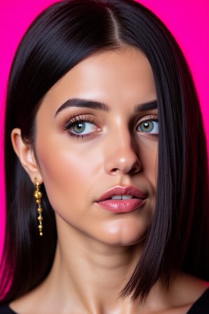  woman 25 years old, long straight hair, thick hair, detailed face, long eyelashes, detailed eyes, red cheeks, glossy skin, elegant woman, healthy skin tone, pretty and beauty woman face marks, pale snow white skin tone, blue green eyes, little light makeup, hair covering one eye, black hair, 
looking aside, 
(wearing golden accessories:1.3), 
hot saturated pink background, white lighting on face, 
detailed, quality, professional camera photo, spotlight, photo session, dramatic lighting on face, 
face close-up, 