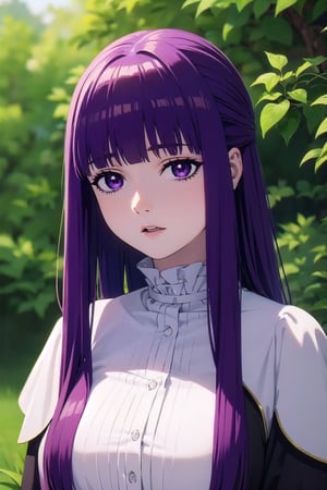 freirenfern, fern, purple hair, long hair, purple eyes, blunt bangs, sidelocks, half updo, bright pupils, (large breasts, 1 girl), frilled collar, black robe, white dress, center frills, buttons, wide sleeves, long sleeves, curvy, frilled collar, BREAK Masterpiece, best quality, high resolution, 8K, official art, super resolution, extremely detailed and beautiful, extremely detailed, amazing and detailed, highly detailed beautiful girl, highly detailed face, highly detailed eyes, highly detailed skin, highly detailed fingers, highly detailed nose, very detailed mouth, perfect anatomy BREAK Full body shot, pray BREAK hill, nature, forest, extremely detailed CG unity 16k, very fine 16KCG wallpapers, upper_body