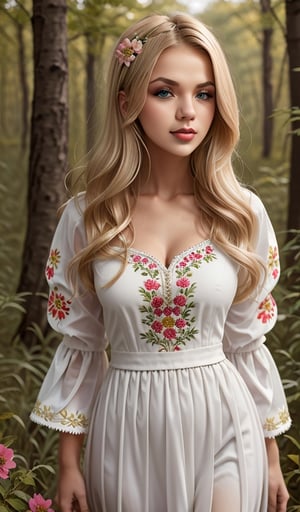 young beautiful Ukrainian woman, blonde, in ethnic white dress with embroidered flowers, long voluminous sleeves, folk, Ukrainian traditional costume, full-length, trends 2024, forest background, high resolution, realistic