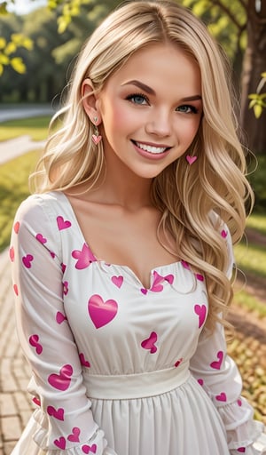 Beautiful young woman, blonde, smiling, (white dress with hearts print), park, realistic