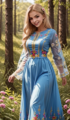 young beautiful Ukrainian woman, blonde, smiling, in ethnic blue long dress with embroidered flowers, long voluminous sleeves, folk, Ukrainian traditional costume, trends 2024, sunny day, forest background, high resolution, realistic