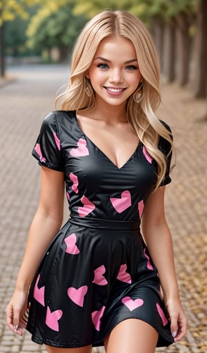 Beautiful young woman, blonde, smiling, (black dress with hearts print), park, realistic