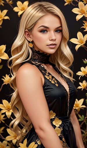 Realistic, beautiful young woman, blonde, wearing a black dress decorated with golden flowers and golden petals