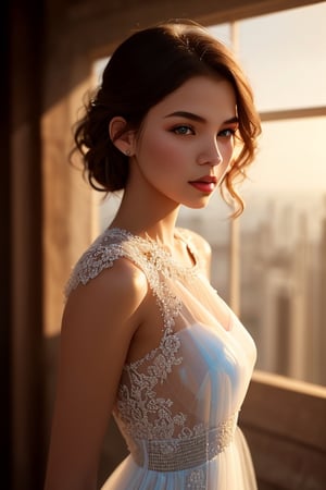 1girl, beautiful young woman, (translucent dress), elegant, looking at the camera, very detailed, digital hyperrealistic photography filigree, shyness, masterpiece, side lighting