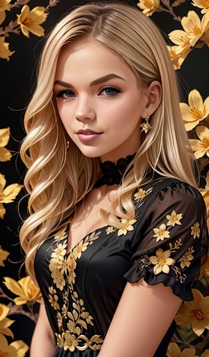 Realistic, beautiful young woman, blonde, wearing a black dress decorated with golden flowers and golden petals