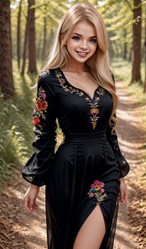 young beautiful Ukrainian woman, blonde, smiling, in ethnic black long dress with embroidered flowers, long voluminous sleeves, folk, Ukrainian traditional costume, trends 2024, sunny day, forest background, high resolution, realistic