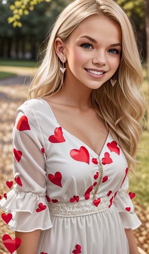 Beautiful young woman, blonde, smiling, (white dress with red hearts print), park, realistic