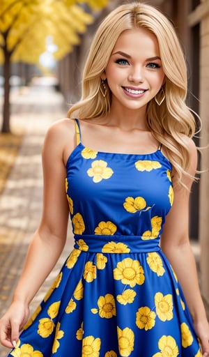 Beautiful young woman, blonde, smiling, (blue dress with yellow print), park, realistic