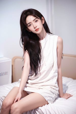 1girl, sitting on bed, wet white dress, white background