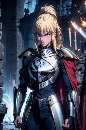 An woman, (1 woman), long hair,, bread:1.3, bangs, (serious look),(showing teeth), anger, blue eyes, perfect eyes, platinum armor, lower body knight armor, shoulder_cape, (platinum gauntlet), strong physique, slim muscular body, bodybuild, detailed armor, masterpiece, best quality, high detailed, ultra-detailed, (medium portrait), ((slim muscular body)), ((castle on a mountain)), best illustrated,worldoffire ,saber_fatestaynightufotable, ((Sword in Hand)), Sticking his sword into the ground