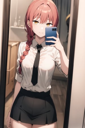 makima-csm, 1girl, solo, masterpiece, high_res, red hair, one long braid, golden eyes, ringed_eyes, upper_body, black_underwear, nsfw_nudity, mirror selfie, selfie, white_shirt, tie, grey_tie, skirt, grey_skirt, sexy, seductive, sexy pose, seductive_pose, seductive_look, fit body, onside, onside perspective, big_ass, big_hips