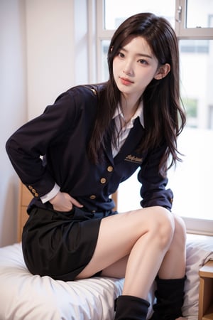sitting on bed, white background, jp_school_uniform, m