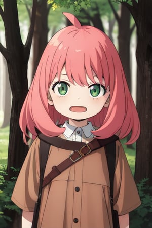 Best Quality, Masterpiece, Hi-Res, Solo, (anya_forger_spyxfamily:1.15), Pink Hair, Green Eyes, Open Mouth, Bangs, 1 Girl, Closed Mouth, Meme, Ahoge, Upper Body , medium hair, forest, 16 years old
