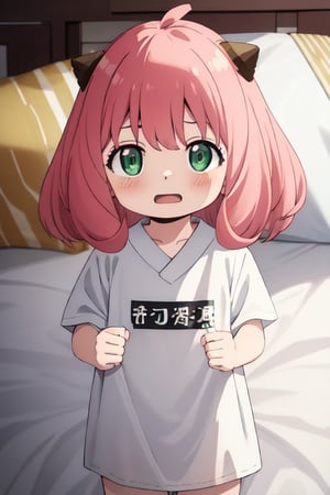 Best Quality, Masterpiece, Hi-Res, Solo, (anya_forger_spyxfamily:1.15), Pink Hair, Female Child, Child, Green Eyes, Open Mouth, Bangs, 1 Girl, Closed Mouth, Meme, Ahoge, upper_body , medium hair, light blush, japanese clothes, on bed

