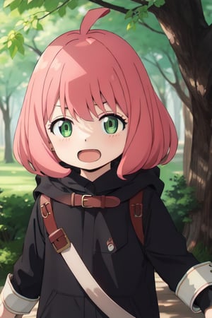 Best Quality, Masterpiece, Hi-Res, Solo, (anya_forger_spyxfamily:1.15), Pink Hair, Green Eyes, Open Mouth, Bangs, 1 Girl, Closed Mouth, Meme, Ahoge, Upper Body , medium hair, forest, 16 years old
