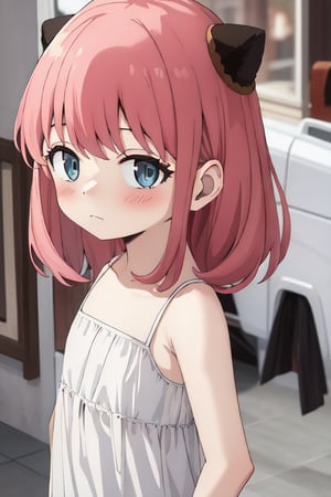 absurdres, highres, beautiful, best quality, anya_forger_spyxfamily, Pink Hair, eyelashes, shiny eyes, full-face blush, sleeveless dress, villiage, upper_body
