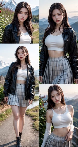 ((masterpiece)), (((best quality))),(20 years old girl),  wet tight crop top, full body, perfect, milf, Detailed face,  detailed body, Mountain background
,beautiful detailed eyes,evil eyes,neutral_expression,hairs between eyes,pleated skirt,((disreveled hair)),more detail 