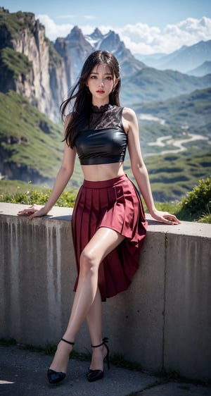 ((masterpiece)), (((best quality))),(20 years old girl),  wet tight crop top, full body, perfect, milf, Detailed face,  detailed body, Mountain background
,beautiful detailed eyes,evil eyes,neutral_expression,hairs between eyes,pleated skirt,((disreveled hair)),more detail 