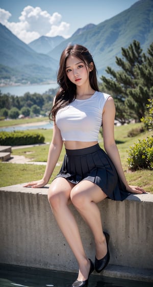 ((masterpiece)), (((best quality))),(20 years old girl),  wet tight crop top, full body, perfect, milf, Detailed face,  detailed body, Mountain background
,beautiful detailed eyes,evil eyes,neutral_expression,hairs between eyes,pleated skirt,((disreveled hair)),more detail ,perfect