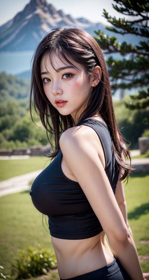 (20 years old girl), wet tight crop top,perfect milf,Detailed face, detailed body,Mountain background,high_resolution,With very beautiful colors