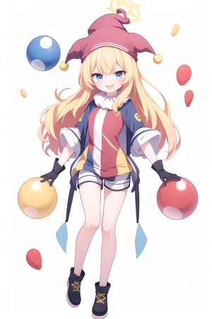 1girl, solo, long hair, breasts,looking at viewer, Juggling moves with sandbags in hand,,blush, red and blue clothes
,stunts,smile,yellow hair,juggling,juggling
,juggling


,bangs, blue eyes,white background, standing,full body, White gloves
,bangs,shirt,gloves, hat, white background,short sleeves, cowboy shot, sweat, shorts, striped, multicolored clothes, red gloves, jester cap, striped shorts, multicolored headwear, clown,mari (blue archive\)