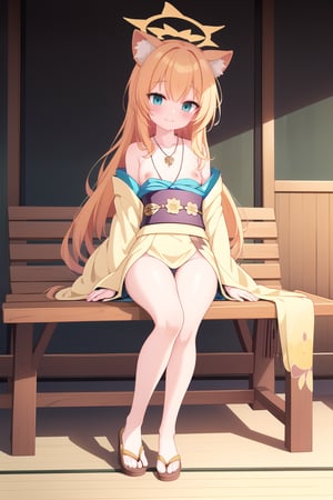 1girl, solo, long hair, smile,full-body shot
,simple background,yellow kimono,Yellow green kimono
,sitting, bench, yellow kimono, looking at viewer, elevation, indoor, pendant, long hair, blush, whole body, bracelet, blue eyes, bangs, animal ears, thighs, small breasts, orange hair, halo, (blue Archives), Mary,