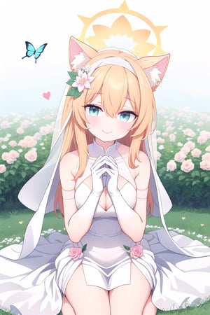 1girl, solo, long hair, breasts,heart hands, heart hands duo,Half-length photo,looking at viewer, blush, smile, bangs, blue eyes, simple background, hair ornament, gloves, white background, dress, ribbon, animal ears, hair between eyes, bare shoulders, jewelry, sitting, closed mouth,flower, sleeveless, elbow gloves, cat ears, white gloves, hair flower, white dress, orange hair,animal ear fluff, rose, halo, grass,white flower, butterfly, veil, pink flower, blue flower,wedding dress, yellow flower, purple flower, bridal veil, white rose, pink rose, blue butterfly, mari \(blue archive\)