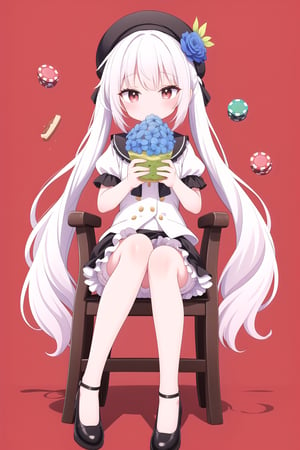 1girl, solo, long hair, looking at viewer,Dessert cabinet background, white hair,bangs,Poker face,wooden tables and chairs,skirt, simple background, shirt, red eyes, hat, bow, holding, sitting, very long hair, underwear,full body, white shirt, flower, short sleeves, detached sleeves, food, shoes, puffy sleeves, grey background, black footwear, black headwear,low twintails, holding food, knees up,blue flower, bloomers,white bloomers,outline