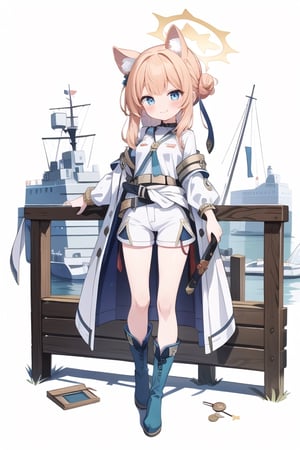 1 girl,
All-white military uniform, all-white shirt, medal, white tight shorts, background next to the port, pier, navy sword hanging on the waist, daytime, looking at the audience, full body photo, white boots, background of the ship,
,Elegant,shy,charming, sexy, Bracelets,bun,smile,blush, blue eyes,bangs, animal ears, thighs, small breasts, orange hair,halo, habits,mari (blue archive)