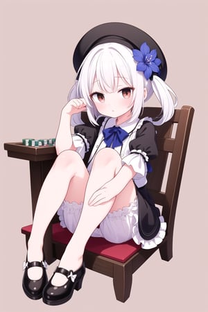 1girl, solo, long hair, looking at viewer,Dessert cabinet background, white hair,bangs,Poker face,wooden tables and chairs,skirt, simple background, shirt, red eyes, hat, bow, holding, sitting, very long hair, underwear,full body, white shirt, flower, short sleeves, detached sleeves, food, shoes, puffy sleeves, grey background, black footwear, black headwear,low twintails, holding food, knees up,blue flower, bloomers,white bloomers,outline