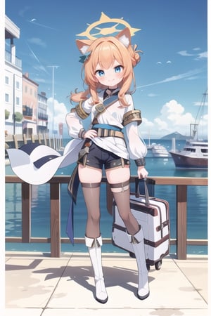 1 girl,
All-white military uniform, all-white shirt, medal, white tight shorts, background next to the port, pier, navy sword hanging on the waist, daytime, looking at the audience, full body photo, white boots, background of the ship,
,Elegant,shy,charming, sexy, Bracelets,bun,smile,blush, blue eyes,bangs, animal ears, thighs, small breasts, orange hair,halo, habits,mari (blue archive)