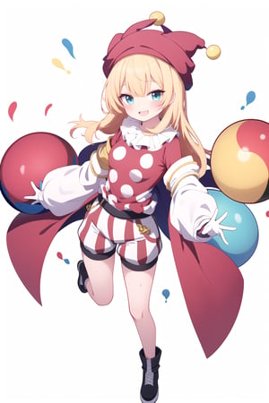 1girl, solo, long hair, breasts,looking at viewer, Juggling moves with sandbags in hand,,blush, red and blue clothes
,stunts,smile,yellow hair,juggling,juggling
,juggling


,bangs, blue eyes,white background, standing,full body, White gloves
,bangs,shirt,gloves, hat, white background,short sleeves, cowboy shot, sweat, shorts, striped, multicolored clothes, red gloves, jester cap, striped shorts, multicolored headwear, clown,mari (blue archive\)