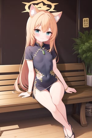 1girl, solo, long hair, smile,full-body shot
,simple background,cheongsam,Yellow green cheongsam,sitting, bench, cheongsam, looking at viewer, elevation, indoor, pendant, long hair, blush, whole body, bracelet, blue eyes, bangs, animal ears, thighs, small breasts, orange hair, halo, (blue Archives), Mary,