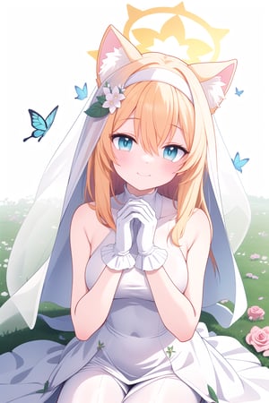 1girl, solo, long hair, breasts,one-handheart hands, heart hands duo,Half-length photo,looking at viewer, blush, smile, bangs, blue eyes, simple background, hair ornament, gloves, white background, dress, ribbon, animal ears, hair between eyes, bare shoulders, jewelry, sitting, closed mouth,flower, sleeveless, elbow gloves, cat ears, white gloves, hair flower, white dress, orange hair,animal ear fluff, rose, halo, grass,white flower, butterfly, veil, pink flower, blue flower,wedding dress, yellow flower, purple flower, bridal veil, white rose, pink rose, blue butterfly, mari \(blue archive\)