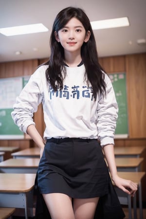 girl standing in school classroom,sailor shirt,micro mini skirt,18-year-old,bangs,a little smiles,thighs,crotch,knees,short cut hair,ponytail,from below,acjc