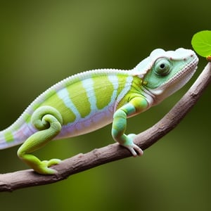 create an image of diaphanous transparent white chameleon with glowing orange flowery body on tree branch with boungavilla flowers and small green leaves