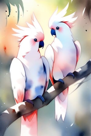 An abstract watercolor of two beautiful Peach Crested Cockatoos sitting in a tree in the jungle in the style of Dean Crouser, splatter