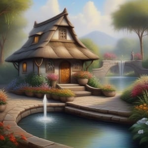 A beautiful small hut , there is a small garden with fountain infront of it , a detailed intricate hyperdetailed hd oil painting portrait work,fantasy00d