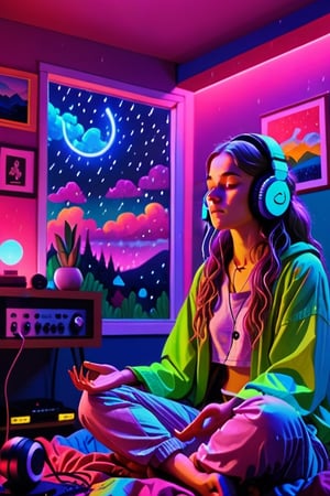 fine art, oil painting, amazing sky, . European Hippie Girl meditating in her room, dreaming, Wear headphones, night lights, Neon landscape on a rainy day, Analog Color Theme, Lo-Fi Hip Hop , retrospective, flat, 2.5D