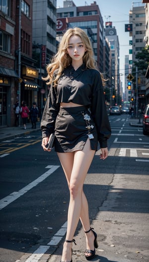 18-year-old girl, tops of various styles, bottoms of various styles, casual pose, real, wearing high heels, high quality, wavy blond hair, realistic eyes, background scene walking on a commercial street, Korean style