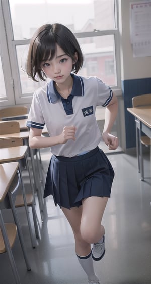 1girl, short hair, standing, best quality, student, campus, running, Chinese school uniform.