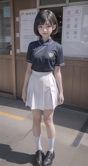 1girl, short hair, standing, best quality, student, campus, Chinese school uniform.