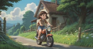Countryside, motorcycle passing by, Studio Ghibli scenery, perfect, best quality, best art, girl with short brown hair, little girl walking (High Detail: 1.4) 8K