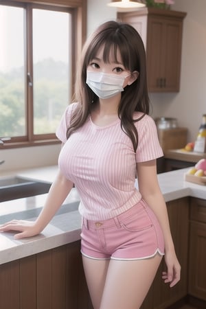 {Best Quality}{Realistic}, medium big breasts, milking, perfect breast shape, breasts top clothes, bare legs, young girl, pink_short-sleeved striped shirt, extreme shorts, mask,, blushing, cute, slender limbs, slightly forward  Qing, standing inside the counter